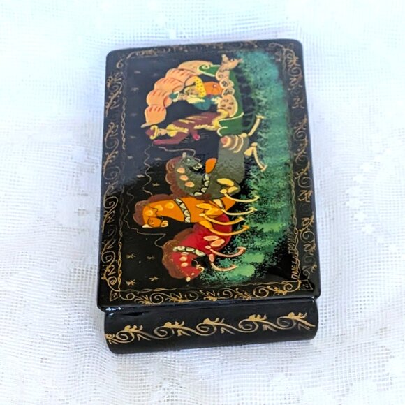 Vintage Russian USSR Signed PALEKH Палех "Troika" Lacquer Jewelry Trinket Box - Picture 8 of 10